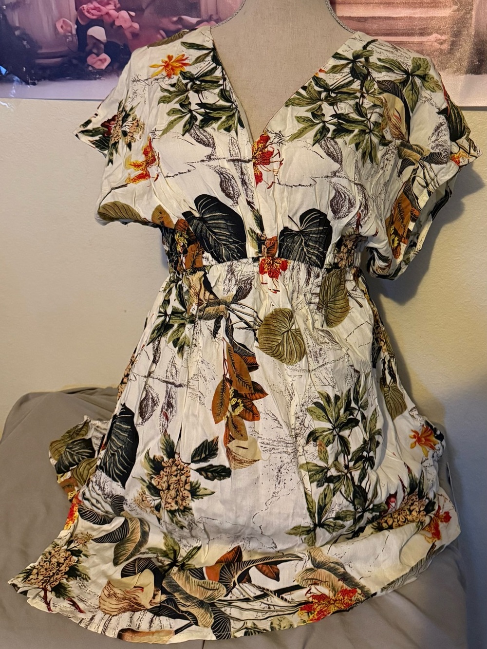 Tropical Floral V-Neck Coverup Dress in White